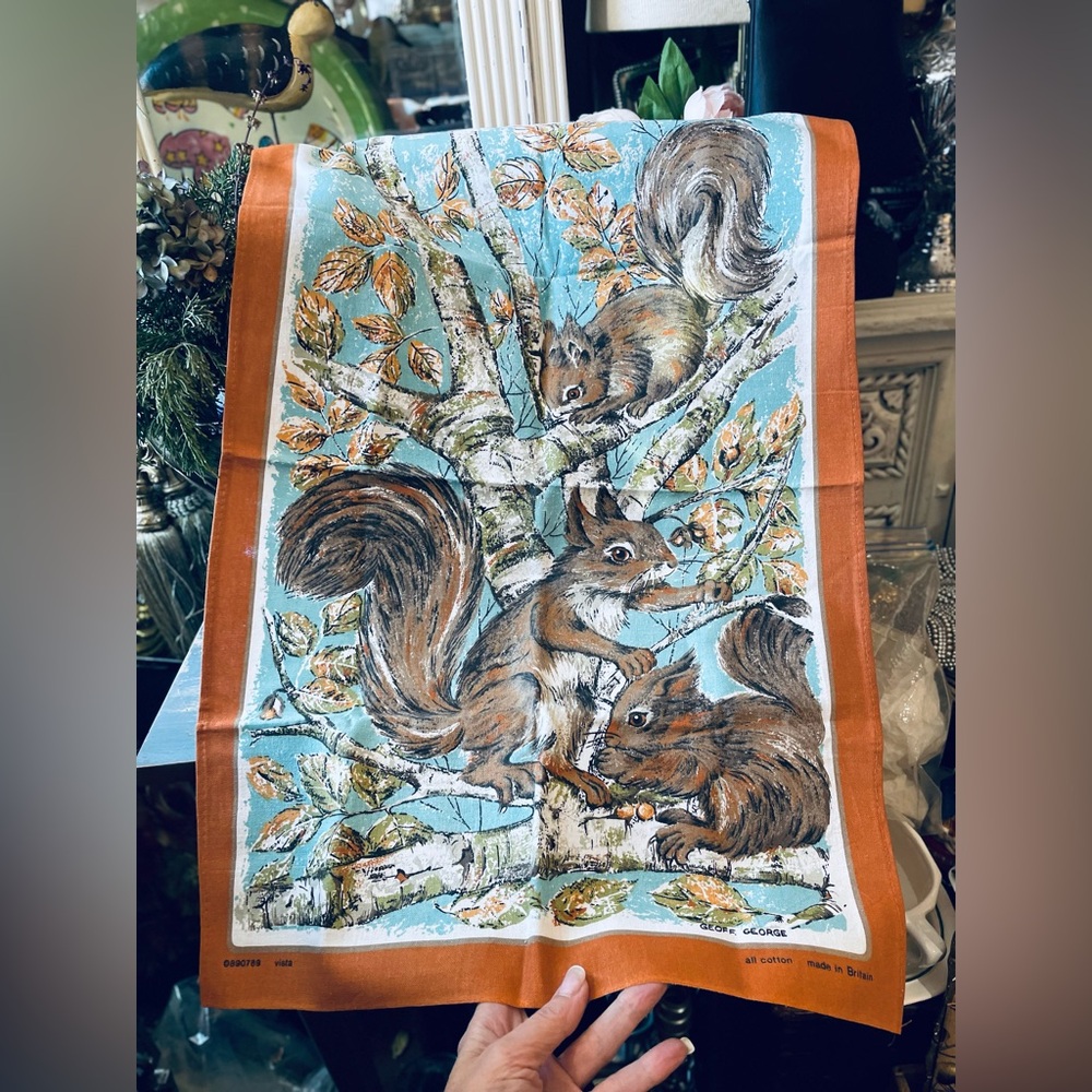 vintage tea towel Woodland Squirrels Geoff George Britain new